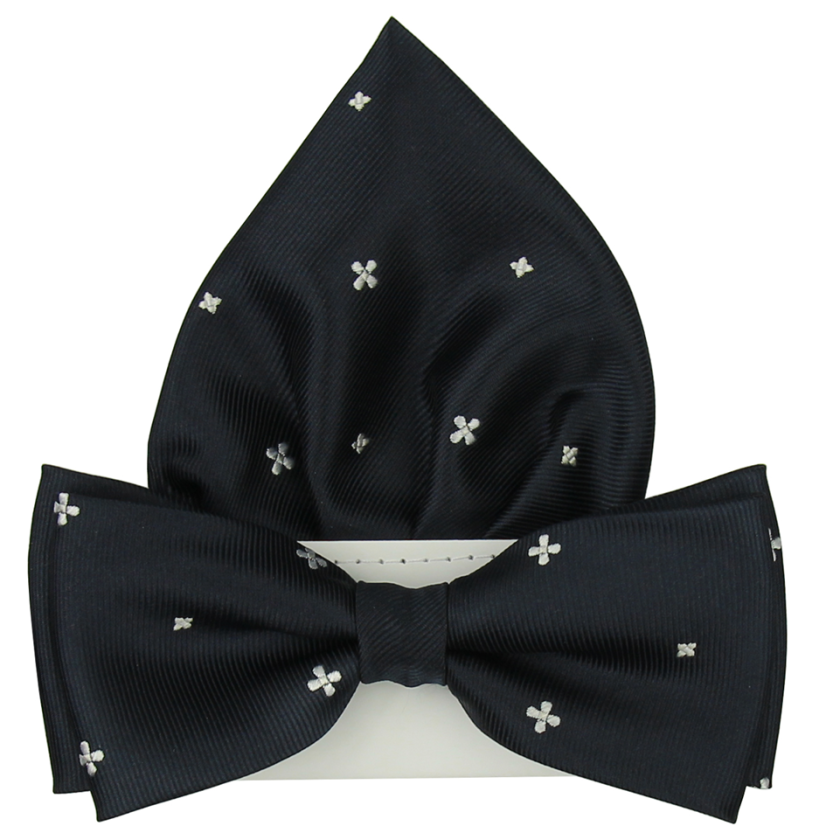 Dark Navy Men's Bow Tie with Flowers Including Pocket Square
