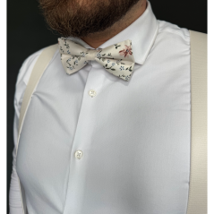 Cream Men's Cotton Bow Tie with Blue-Brown Flowers