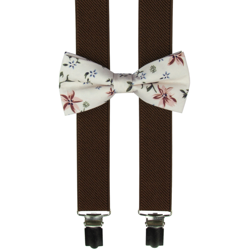 Hnědé dětské kšandy s bavlněným květovaným motýlkem