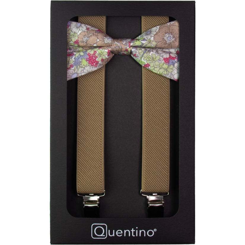 Světle hnědé pánské kšandy s bavlněným květovaným motýlkem