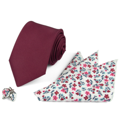 Vínově červený pánský set – kravata, kapesníček a manžetové knoflíčky