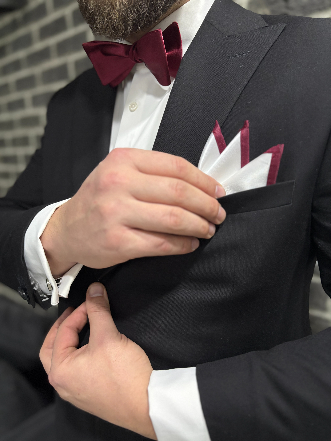 Self-tie bow tie with matching pocket square