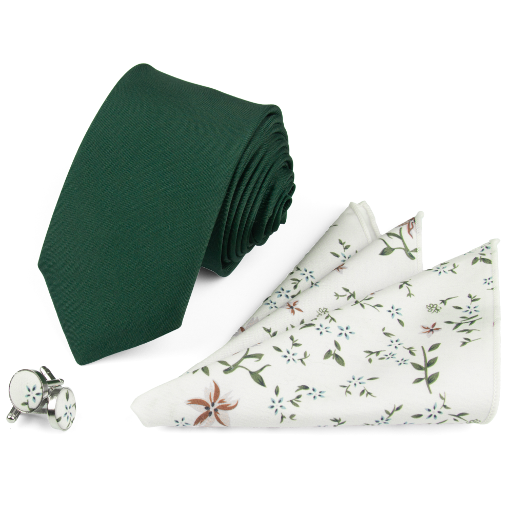 Smaragdová kravata so svetlým kapesníkom s kvetinkovým vzorom a manžetovými gombíkmi