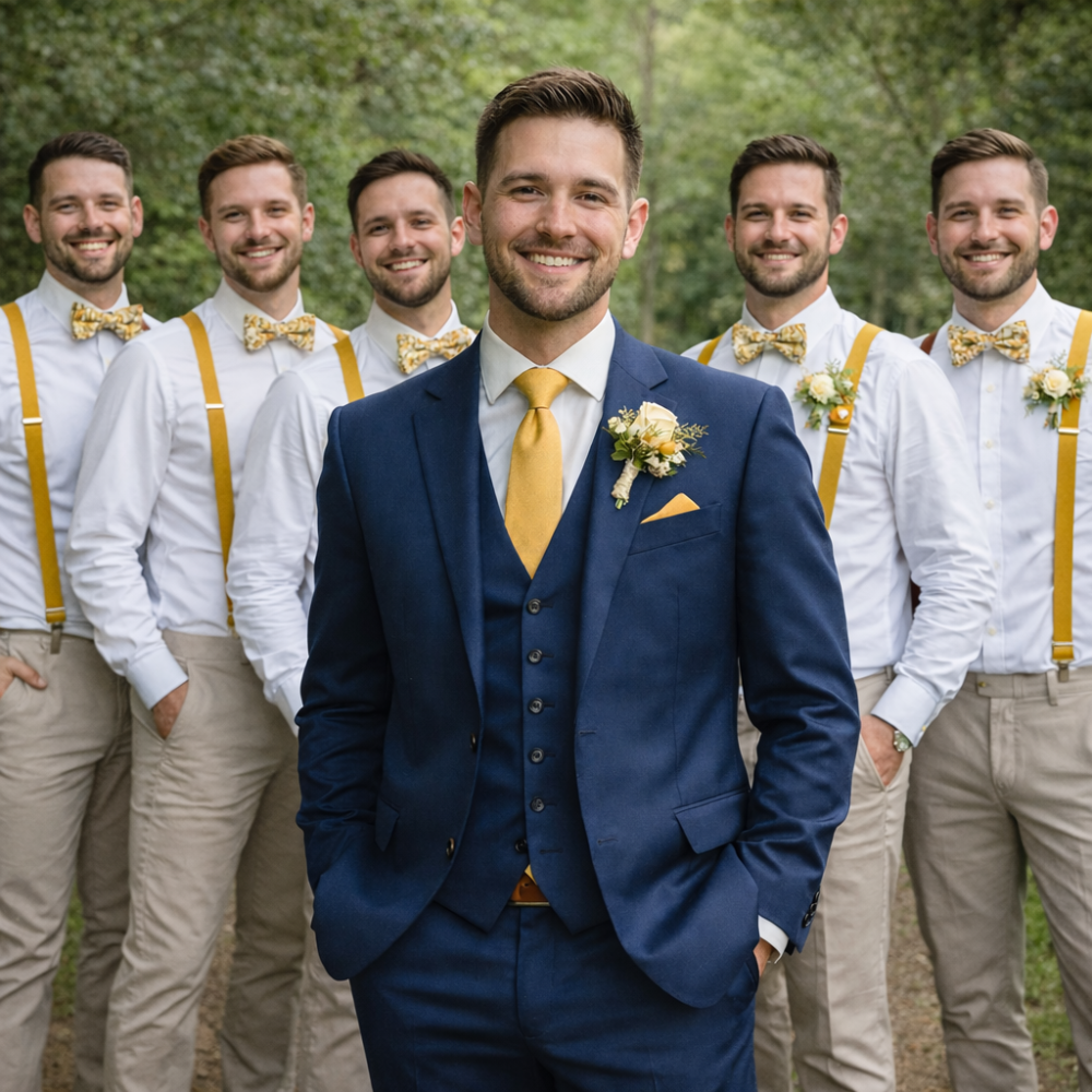 Horčicová harmónia svadby – zladenie ženícha a družbov v Quentino doplnkoch