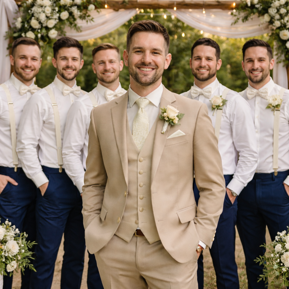Soft cream wedding – matching the groom and groomsmen with Quentino accessories
